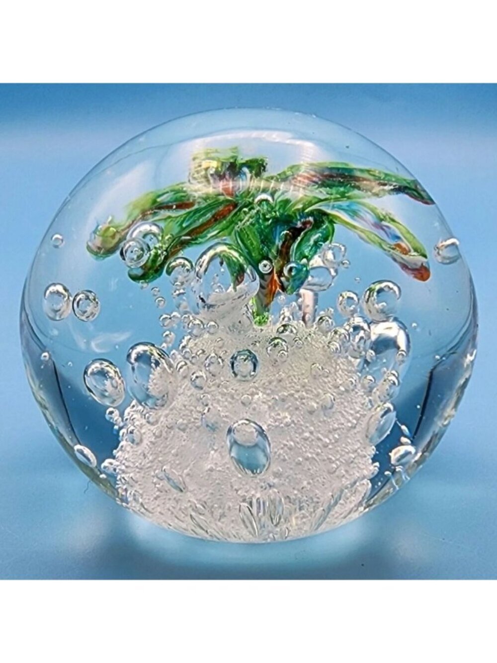 Art Glass Clear Controlled Bubble Blue Striped Floral Paperweight Sphere Orb